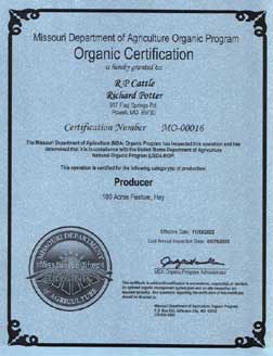 Certified organic producer certificate
